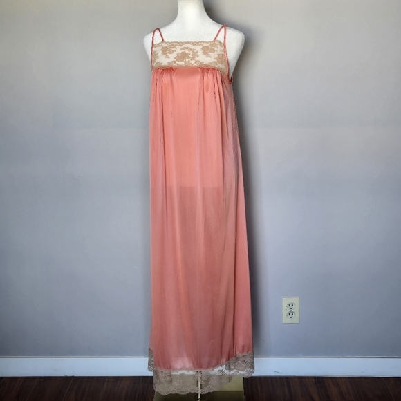 Vintage 60s 70s Henson Kickernick Coral Lace Trim Nightgown Lingerie Slip Dress - Picture 13 of 13